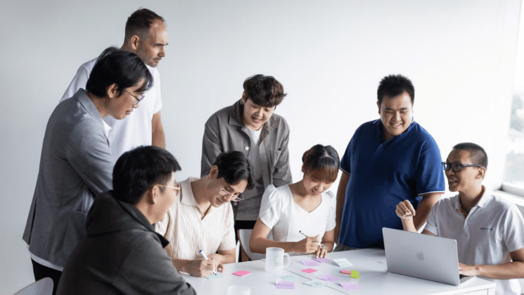 A team of people around a table, focused on a laptop as they share ideas and collaborate on a project.